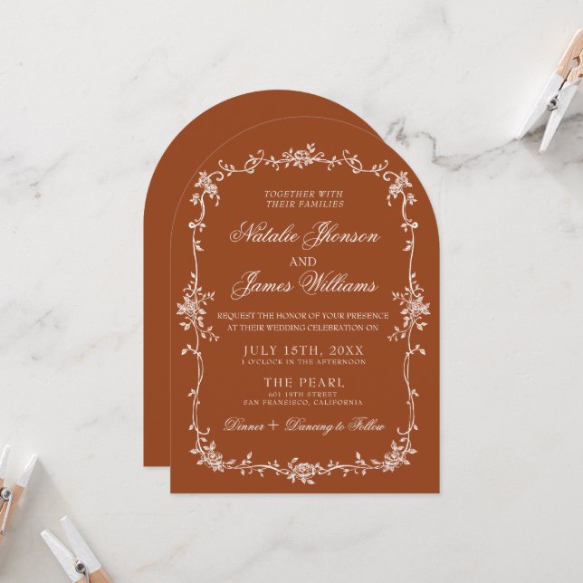 Invitación Arched Burnt Orange Floral Boho Terracotta Wedding (Anverso/Reverso In Situ)