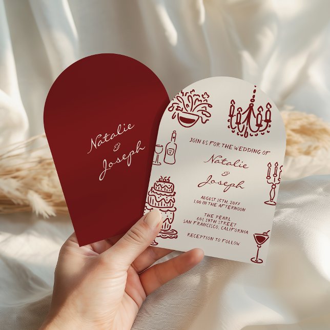 Invitación Arched Drawn Burgundy Romantic Whimsical Wedding (Subido por el creador)