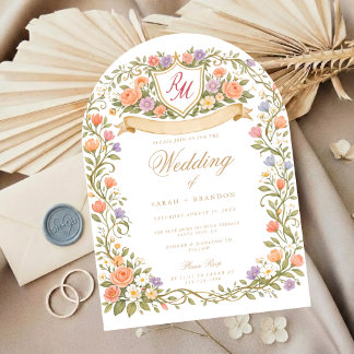 Invitación Arched Floral Wedding Monogram, Romantic Garden