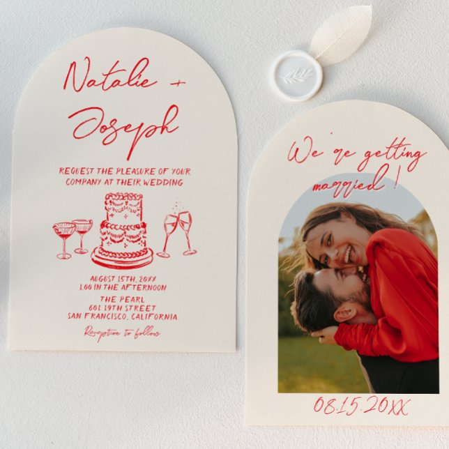 Invitación Arched Retro Hand Drawn Red Unique Photo Wedding (Subido por el creador)