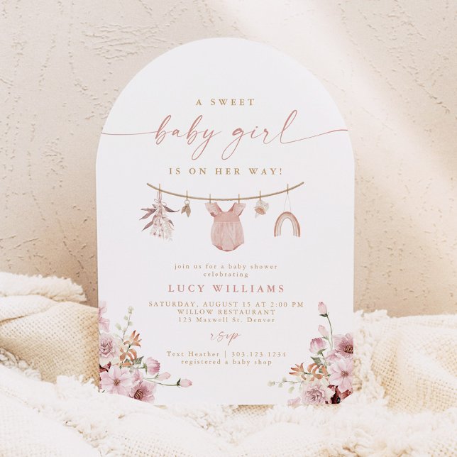 Invitación Arched Sweet Baby Girl Clothesline Baby Shower (Subido por el creador)