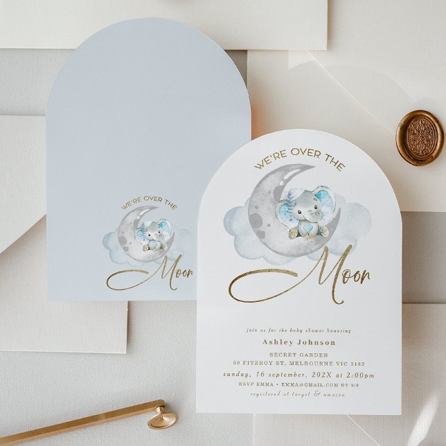 Invitación Arched We're Over The Moon Elephant Baby Shower (Boys Over The Moon Baby Shower Invitation Arched Elephant Baby Shower Invitation, Elephant on Moon)