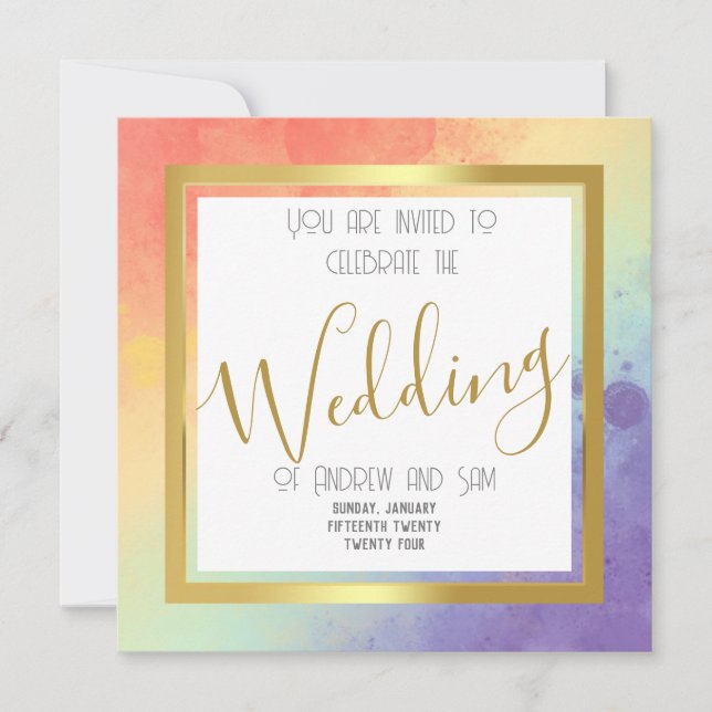 Invitación Arco acuático arcoiris y oro (Anverso)