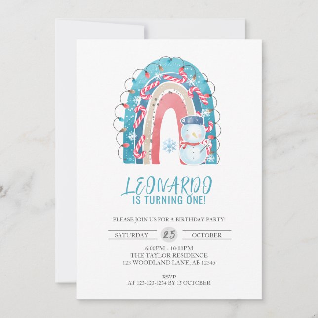 Invitación Arco arco iris invernal, Navidades primer cumpleañ (Anverso)