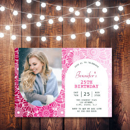 Invitación Arco arco iris rosa franjas florales foto cumpleañ