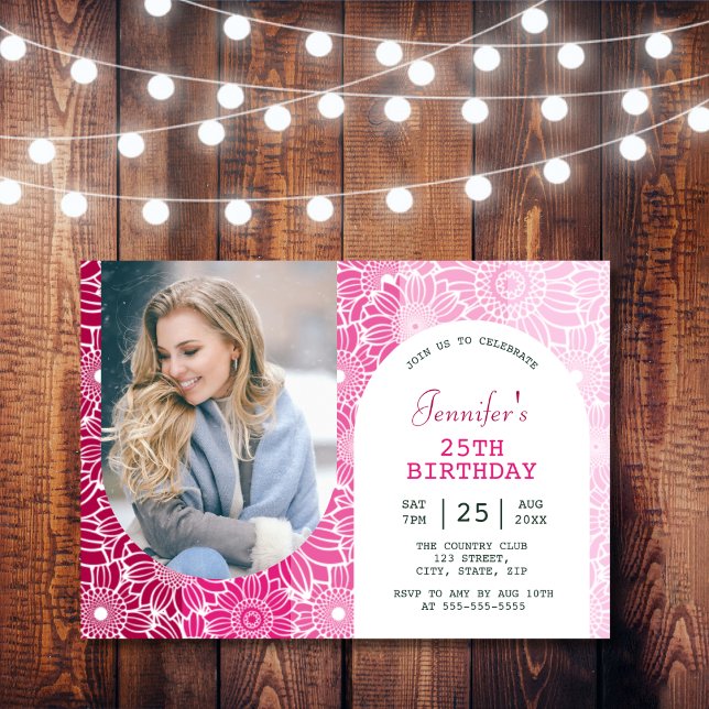 Invitación Arco arco iris rosa franjas florales foto cumpleañ (Subido por el creador)