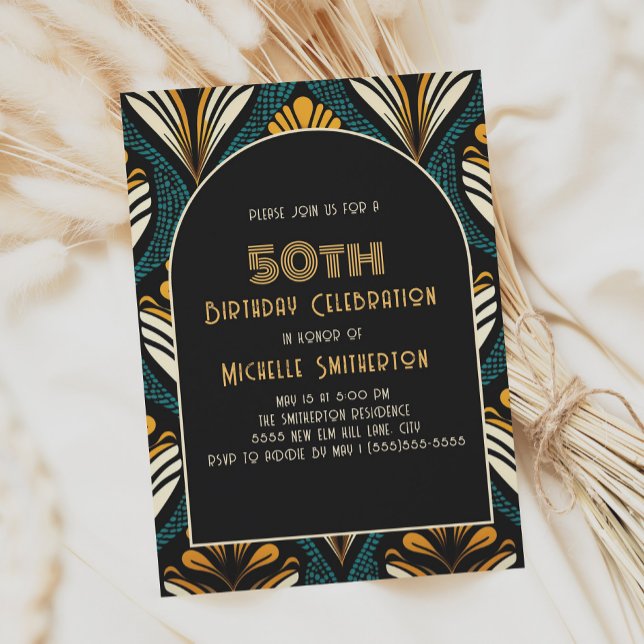 Invitación Arco Art Déco Amarillo Negro Turquesa Cumpleaños 5 (Green, gold, and black art deco 50th birthday party invitation)