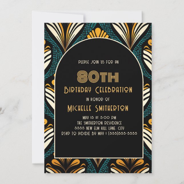 Invitación Arco Art Déco Amarillo Negro Turquesa Cumpleaños 8 (Anverso)