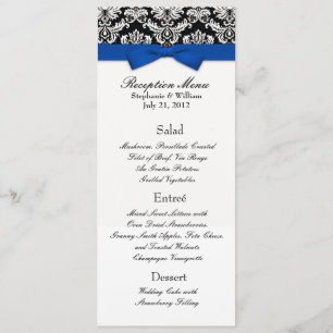 Invitación Arco azul con menú de recepción de boda de damasco