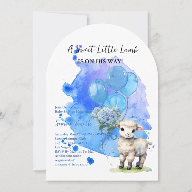 Invitación Arco azul de Baby Shower de cordero dulce (Anverso)