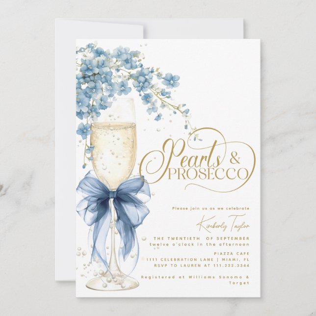 Invitación Arco azul de flores, perlas y prosecco para desped (Anverso)