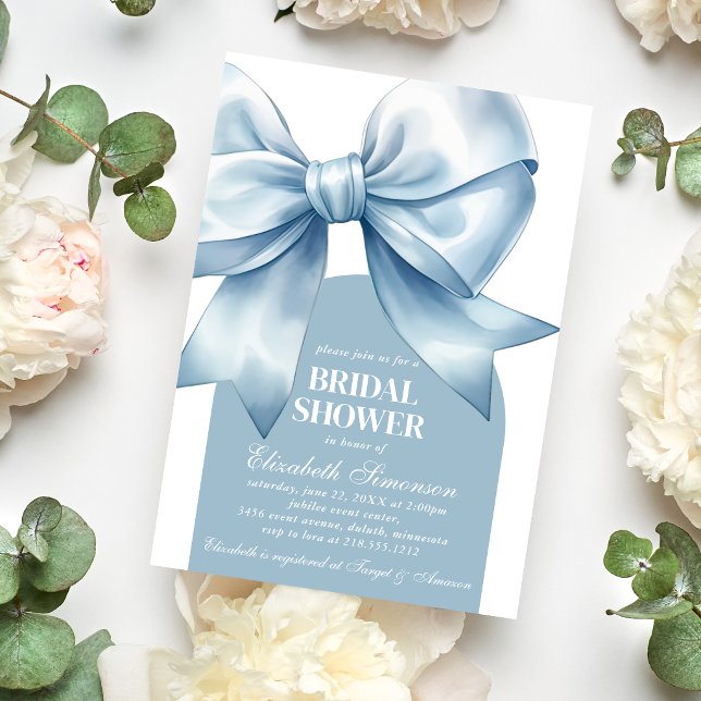Invitación Arco Azul Elegante Ducha de Novia (Blue Bow Elegant Bridal Shower Invitation)
