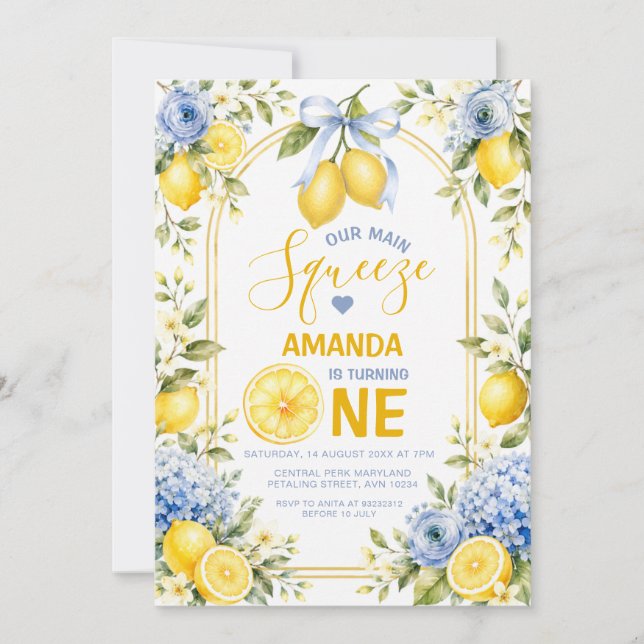 Invitación Arco azul Limón Dulce Uno cumpleaños Main Squeeze (Anverso)