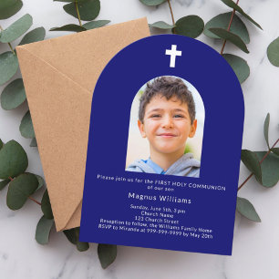 Invitación Arco azul marino foto niño Primera Comunión Santa