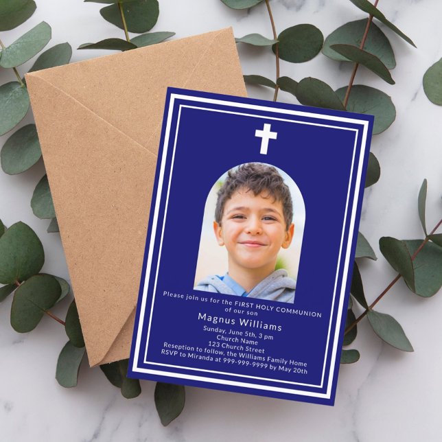 Invitación Arco azul marino foto niño Primera Comunión Santa (Subido por el creador)