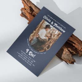 Invitación Arco azul marino foto simple retro groovy boda