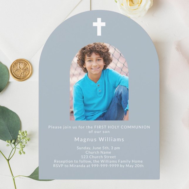 Invitación Arco azul turbio foto niño Primera Santa Comunión (Subido por el creador)