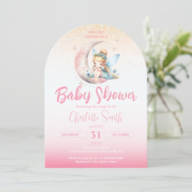 Invitación Arco Baby Shower Chica de hadas rosadas (Anverso de pie)