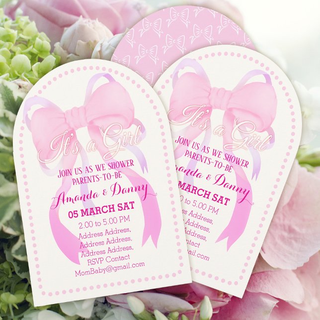 Invitación Arco Baby Shower de cinta rosa blanco (Lovely Pink Ribbon Baby Girl Shower White Arch Card Design.)