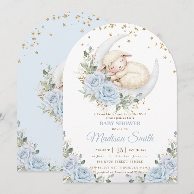 Invitación Arco Baby Shower de Sweet Lamb Moon Blue Floral Bo (Anverso / Reverso)