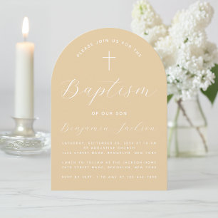 Invitación Arco Beige Bautizo Simple Cruz Marrón Claro Escrit