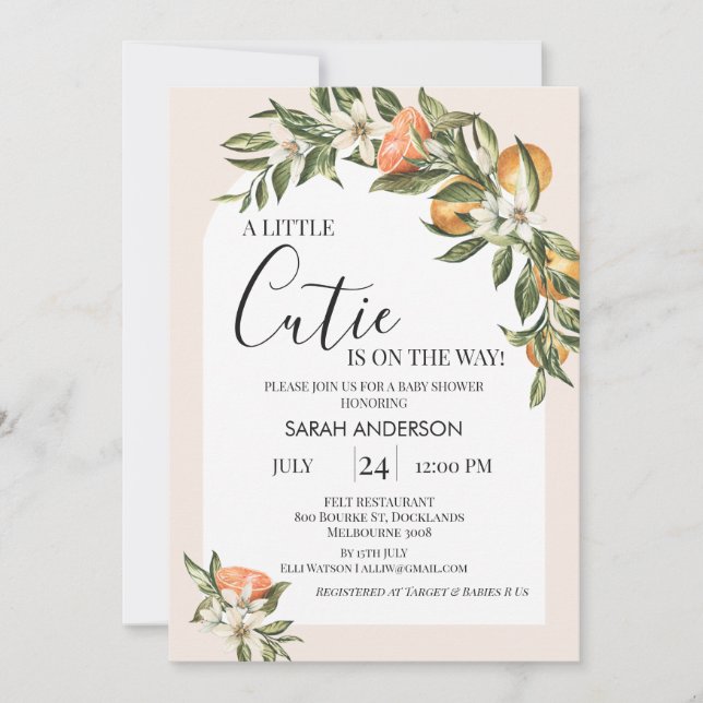 Invitación Arco Blanco Clementine Pequeña Cutie Baby Shower (Anverso)