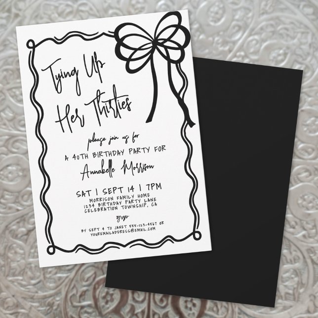 Invitación Arco Blanco Negro Dibujado a Mano Cumpleaños 40 (Hand Drawn Black White Bow 40th Birthday Invitation)
