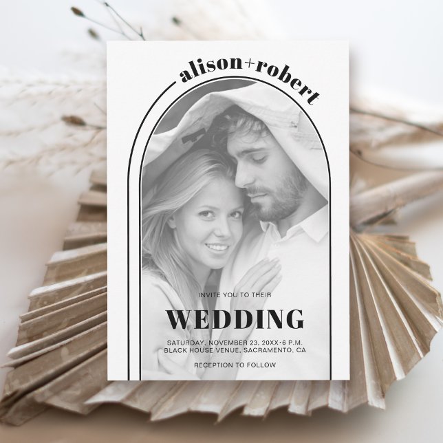 Invitación Arco blanco negro moderno y boda fotográfico (Subido por el creador)