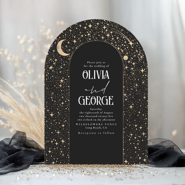 Invitación Arco Boda Celestial Moderno de Oro Negro (Arch Invitation for Celestial Wedding)