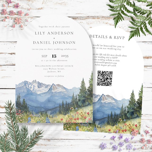 Invitación Arco Boda de código QR de las flores de montaña de (Watercolor Mountain Flowers QR Code Wedding Arch Invitation)