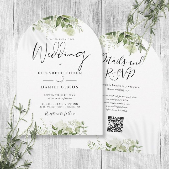 Invitación Arco Boda de código QR floral de vegetación modern (Modern Greenery Floral QR Code Wedding Arch Invitation)