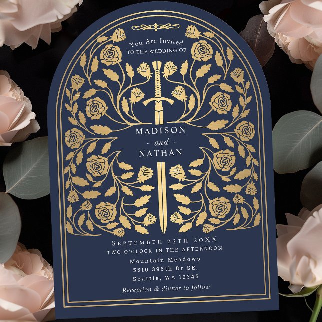 Invitación Arco Boda de la espada dorada azul real (Subido por el creador)