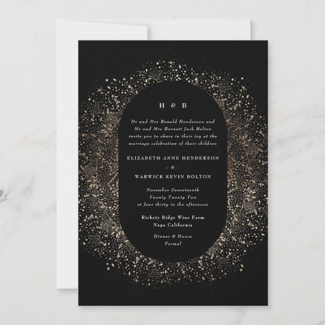 Invitación Arco Boda de Relieve metalizado formal negro y oro (Anverso)