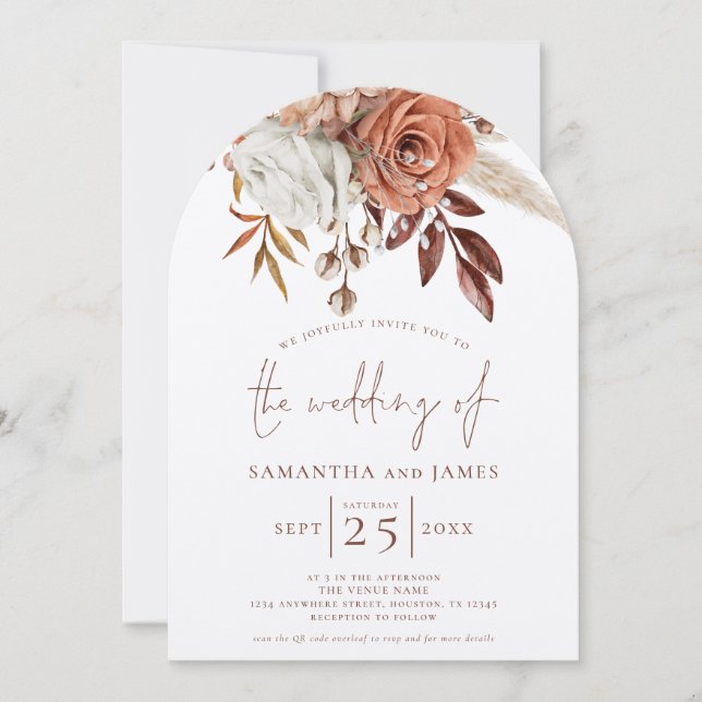 Invitación Arco Boda del código QR de Boho Terracotta Florals (Anverso)