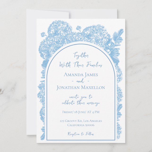 Invitación Arco Boda Delicado de Flor Azul (Anverso)