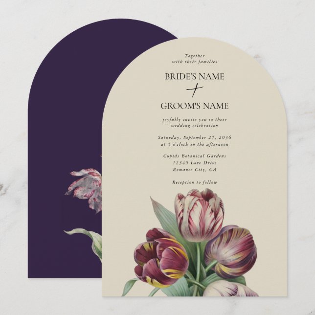 Invitación Arco Boda Moody Watercolor Púrpura Tulipanos (Anverso / Reverso)