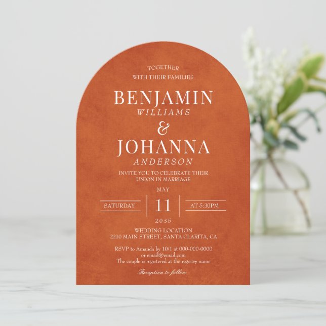 Invitación Arco Boda Naranja quemado clásico elegante (Anverso de pie)