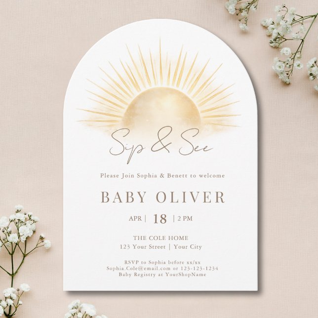 Invitación Arco Bohemio de Oro Sol Boho Neutral Sip And See (Subido por el creador)
