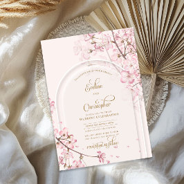 Invitación Arco boho acuarela suave rosa flor de cerezo oro