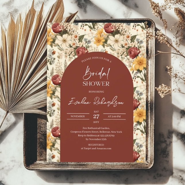 Invitación Arco boho acuarela terracota flores silvestres ama (Boho arch watercolor terracotta yellow wildflowers invitation)