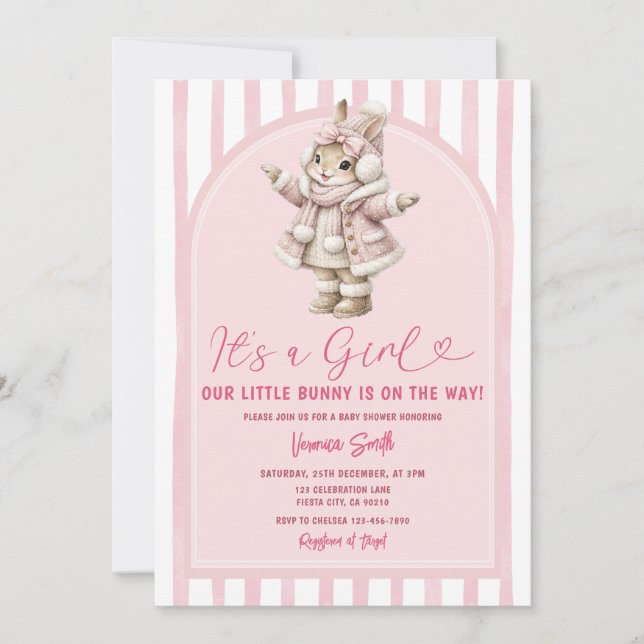 Invitación Arco Boho Conejito lazo rosa baby shower (Anverso)