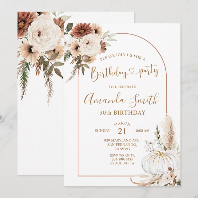 Invitación Arco boho de calabaza Cumpleaños 30.º Fiesta de ce (Anverso / Reverso)