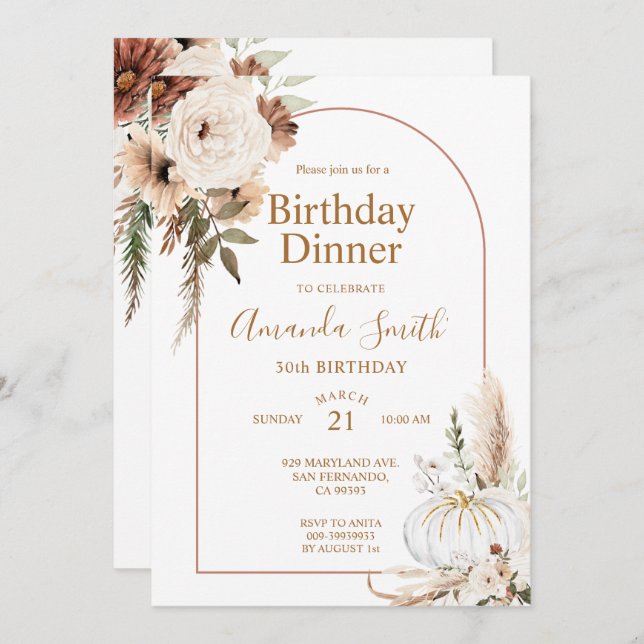 Invitación Arco boho de calabaza floral de otoño cumpleaños 3 (Anverso / Reverso)