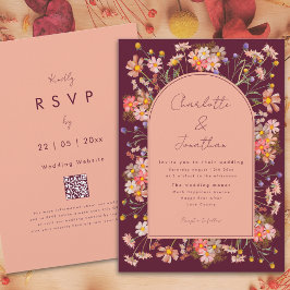 Invitación Arco Boho de Flor Silvestre Borgoña Boda de Otoño