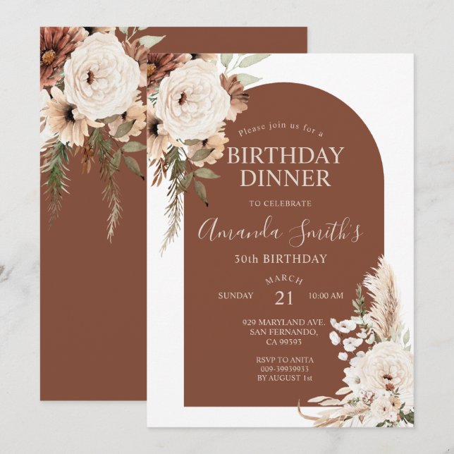 Invitación Arco boho de terracota floral cumpleaños 30º cena (Anverso / Reverso)