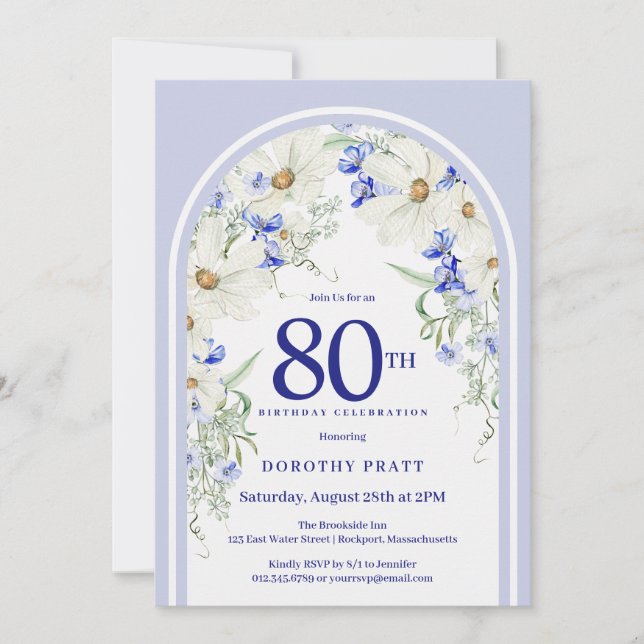 Invitación Arco Boho Floral Blanco Azul Fiesta de Cumpleaños  (Anverso)