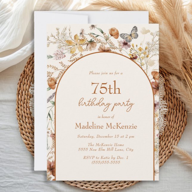Invitación Arco Boho Flores Silvestres 75 Cumpleaños (Boho floral and butterfly 75th birthday invitation)
