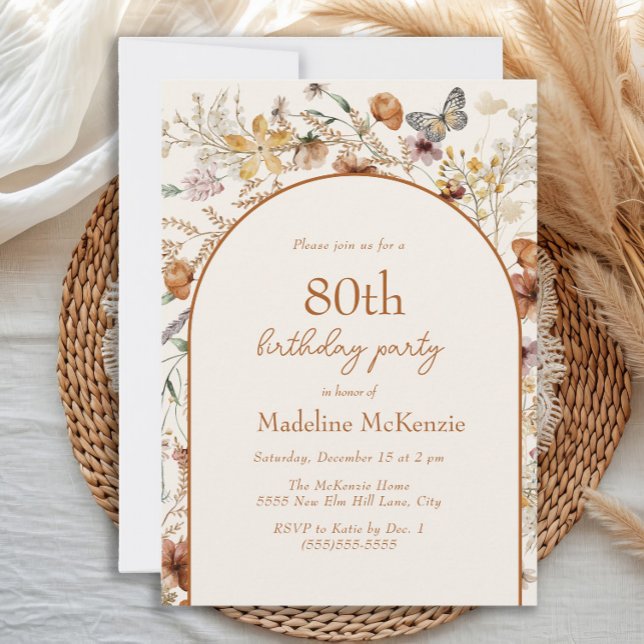 Invitación Arco Boho Flores Silvestres 80 cumpleaños (Boho floral and butterfly 80th birthday party invitation)