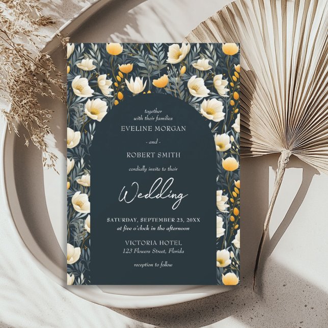 Invitación Arco Boho flores silvestres de marfil verde oscuro (Boho arch dark green yellow ivory wild flowers invitation)