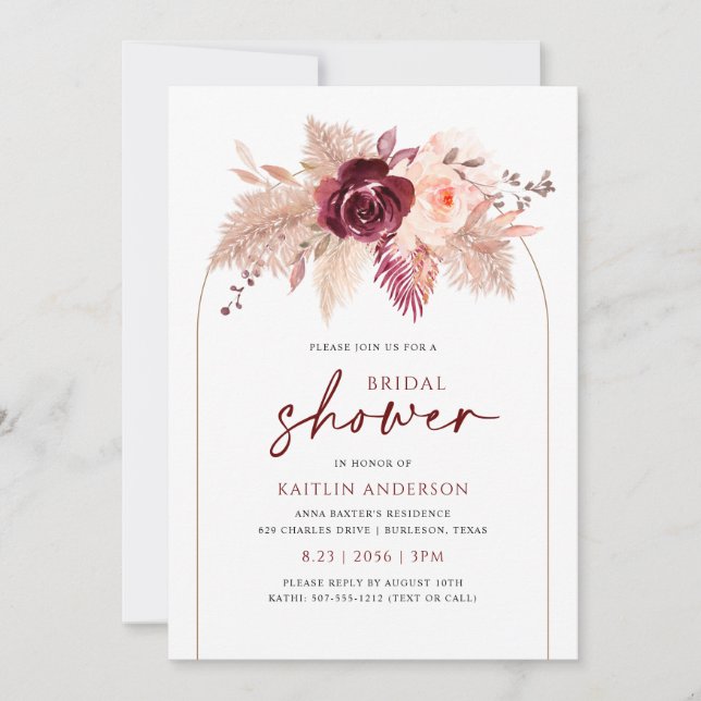 Invitación Arco Boho Pampas Despedida de Soltera Burgundy (Anverso)